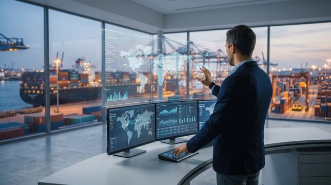 Logistics manager monitoring global supply chain operations using holographic interface and multi-monitor setup overlooking container port