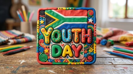 Fototapeta premium Clay sculpted “Youth Day” lettering, soft rounded shapes modeled from colorful clay, South African flag integrated into sculpted layers, playful tactile aesthetic, no characters