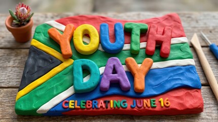 Fototapeta premium Clay sculpted “Youth Day” lettering, soft rounded shapes modeled from colorful clay, South African flag integrated into sculpted layers, playful tactile aesthetic, no characters