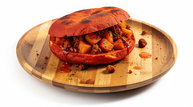 Pambazo Sandwich on Bamboo Plate 35 Degree Angle Isolated on White Background Studio Shot