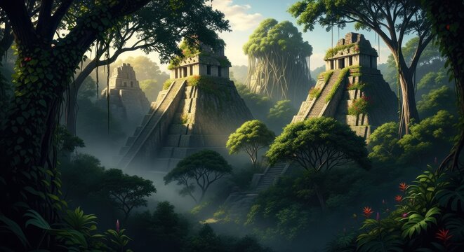 Mysterious stone pyramids hidden in a misty tropical jungle
