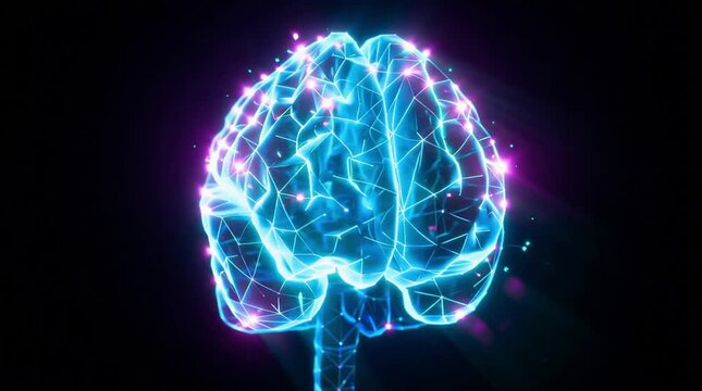 Dynamic video animation of a glowing blue digital brain with vibrant pink neural connections, symbolizing thought, AI, and data processing in motion.