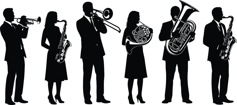 Brass ensemble silhouette illustration, jazz band artwork, musical performance vector, trumpet saxophone trombone design, French horn tuba graphic, concert music scene