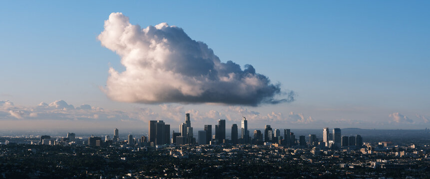 Los Angeles Downtown Skyline with Giant Cloud Formation at Daybreak