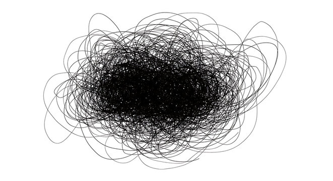 Dynamic abstract black scribble effect representing chaos, confusion, and complexity on a white background