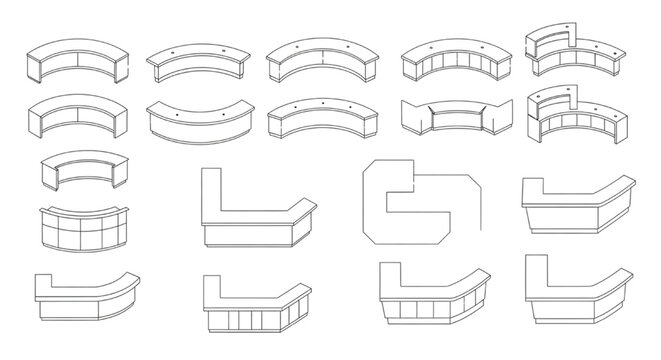 Curved Reception Desk CAD Block Set with Modular Configurations and Isometric Variations for Interior Layout Design