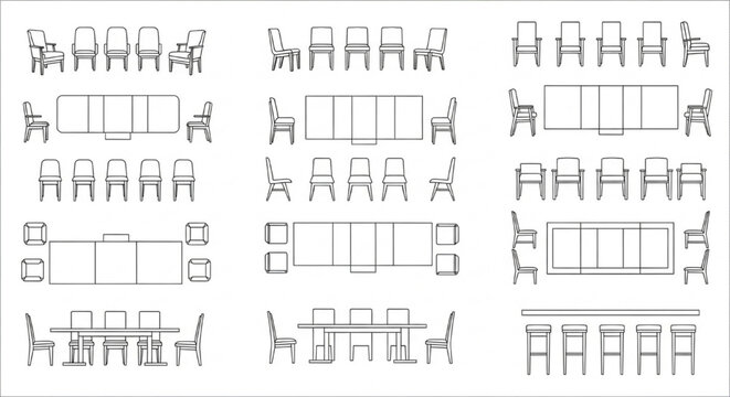 Dining Table and Chair CAD Blocks Set &ndash; Plan and Elevation Views of Restaurant Seating Layouts and Furniture Arrangements