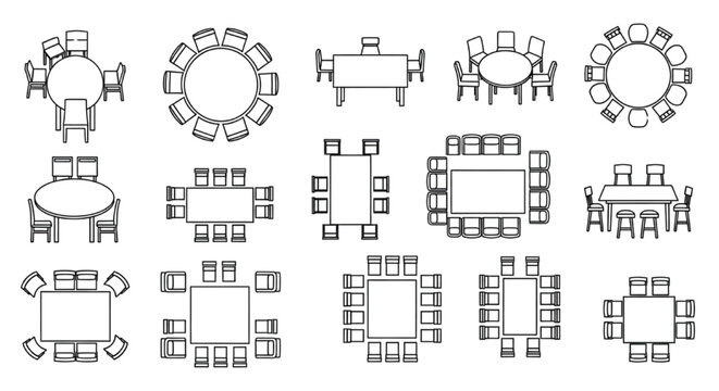 Dining Table Layout CAD Blocks Set &ndash; Top View Seating Arrangements for Restaurant and Cafeteria Plans
