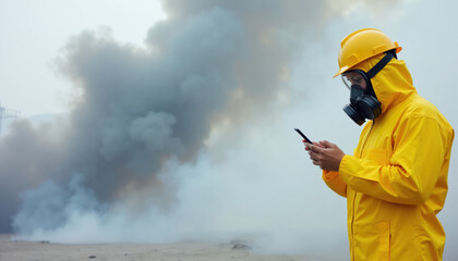 Fototapeta premium Worker in yellow hazmat suit and respirator mask uses smartphone in heavy smoke. Person checks phone in hazardous air pollution. Safety gear protects against toxic fumes. Person communicates remotely.