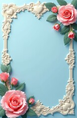 Naklejka premium Ornate frame with pink roses and green leaves on pastel blue background. Hearts and floral motifs in white plaster add elegance. Ideal for invitations, cards, or romantic decor.
