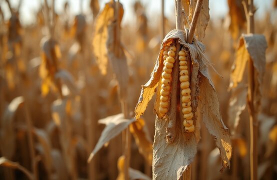 Dry corn cobs on stalk in field. Mature crop shows signs of drought stress. Yellow kernels are visible on unripe ears in dried out farm land.