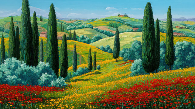 Oil painting of colorful tuscany flower field. Landscape painting on canvas. Heavy brushstrokes.