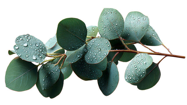 botanical cutout of eucalyptus sprig with water droplets, elegant foliage with soft natural detail, sharp focus, clean edges high definition, isolated on white background
