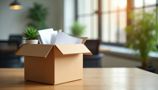 Cardboard box with plant and papers sits on desk. Office items suggest relocation or job change. Blurred office background with window light adds depth.
