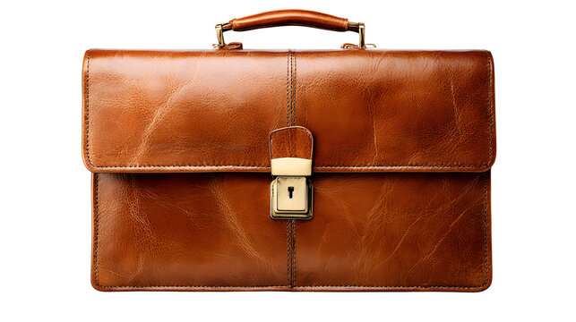 business accessory cutout of classic brown leather briefcase, formal office carry case with realistic stitching and latch detail, sharp focus, clean edges high definition, isolated on white background