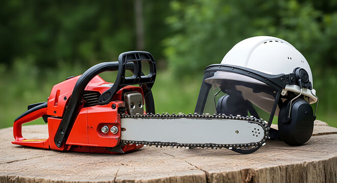 Essential safety helmet, ear protection, and face shield paired with a powerful red chainsaw for professional woodcutting operations on a rustic stump