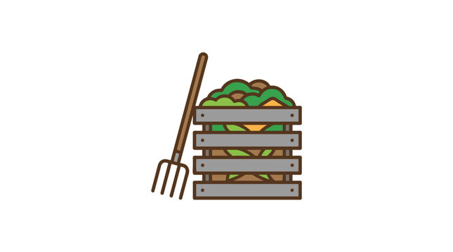 A brown wooden pitchfork leans against a grey slatted compost bin filled with green organic matter on a white background with clean minimalist aesthetics.