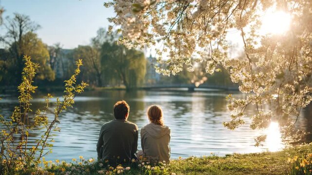 couple relaxing by peaceful lake in city park in spring animation