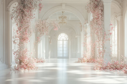 Enchanted White Victorian Hall with Pink Floral Vines. A high-key, realistic photograph capturing the ethereal beauty of a grand, white French Victorian or neoclassical palace interior.