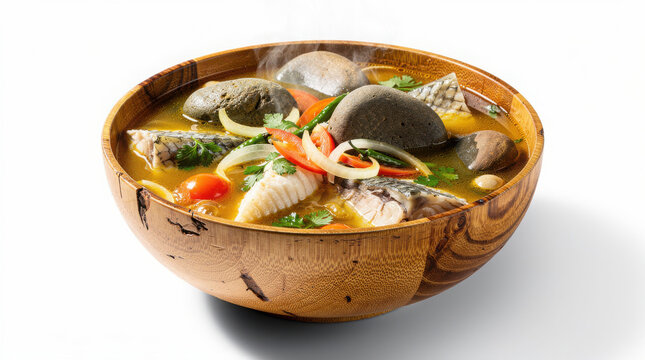 Caldo de Piedra in Bamboo Bowl 35 Degree Angle Isolated on White Background Studio Shot