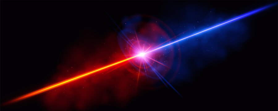 Abstract cinematic illustration of red and blue laser beams hitting a dark surface with glowing energy sparks, lens flare, and smoke effects.