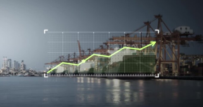 Rising Tide of Trade shows dynamic upward graph with arrow overlaid on port at twilight. Cargo ships, cranes and stacked containers. Symbolizes expanding global trade, economic and investment growth.