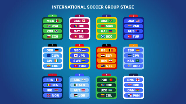 World Football 2026 Group Stage Table Template with Flags Colorful Tournament Bracket Layout