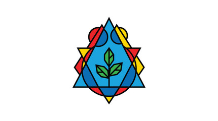 Obraz premium A large stylized water droplet contains a geometric plant icon surrounded by overlapping triangles and circles in primary colors on a white background.