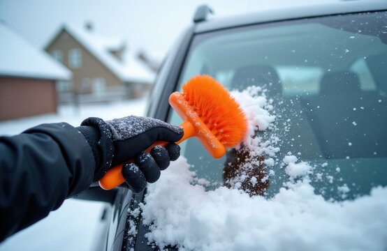 Person wearing glove cleans snow off car window using orange brush. Winter season driving preparation removing ice and frost from windshield for clear visibility.