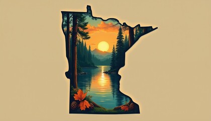 Fototapeta premium Minnesota shape holds serene lake sunset forest scene. Tall pine trees border tranquil water with warm orange sky reflecting. Autumn maple leaves and pine cones lay on grassy shore.