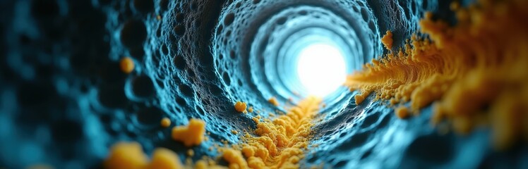 Fototapeta premium Tunnel like artery with yellow fat deposits narrows toward bright light. Microscopic view of diseased blood vessel. Medical science concept of blockage.