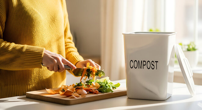 Woman composting food scraps in the kitchen, turning waste into valuable soil amendment