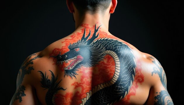 Man with large black dragon tattoo on his back. Body art features detailed oriental dragon design on inked skin. Powerful mythical creature design for body modification.