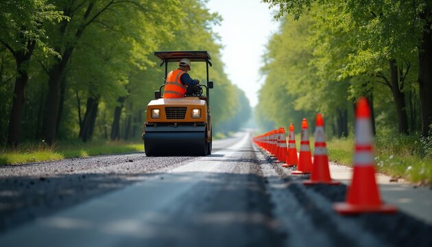 Road worker operates steamroller on forest road surface. Orange safety cones line the path. Construction crew paves new asphalt for better travel. Infrastructure project improves pathway.