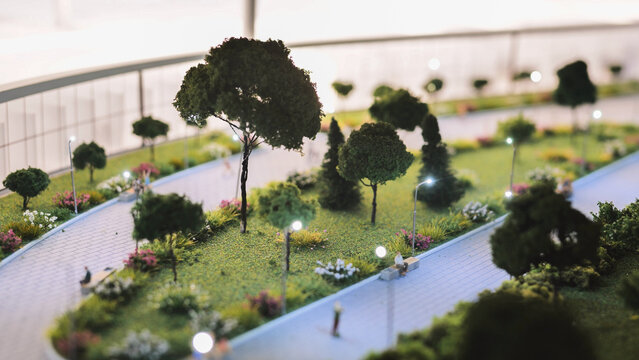 Urban park scale model showcasing sustainable city planning and green infrastructure