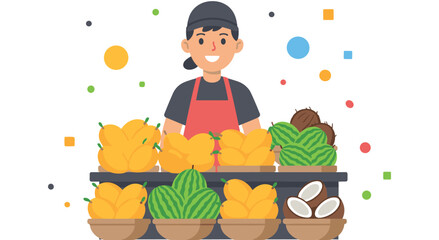 Happy fruit vendor stands behind stall filled with fresh watermelons and mangoes, ready to sell. Colorful elements float in background, adding lively touch to scene. © SHUVO