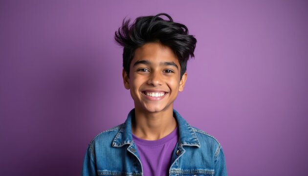 Smiling Indian teen boy in denim jacket and purple shirt poses against plain purple backdrop. Youthful style, cheerful expression. He looks friendly and happy.