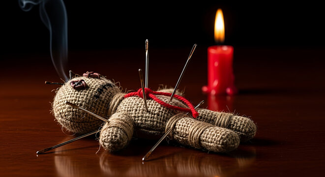 Mysterious voodoo doll ritual with burning candle and smoke creating an ominous atmosphere