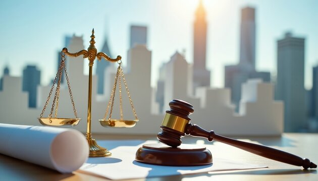 Law scales and judge gavel sit on desk with city skyline. Legal concept for urban property development construction permits and governance law.
