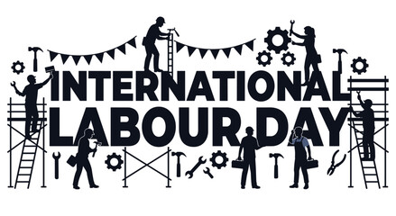 International Labour Day banner with industrial workers, construction tools, and gears. This design celebrates global solidarity and the importance of labor, perfect for holiday greetings and events. © SHUVO