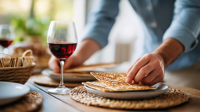 Close-up of hands placing matzah and a wine cup on a seder table with traditional Passover items, Jewish holiday celebration, family tradition detail, with copy space