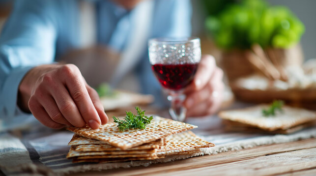 Close-up of hands placing matzah and a wine cup on a seder table with traditional Passover items, Jewish holiday celebration, family tradition detail, with copy space