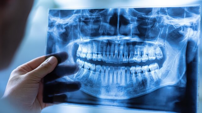 Close Up Dental Panoramic X-Ray Hand Held Full Teeth Jaw Bone Structure Medical Imaging Dentistry Concept