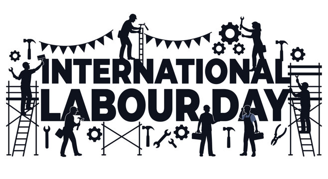 International Labour Day banner with industrial workers, construction tools, and gears. This design celebrates global solidarity and the importance of labor, perfect for holiday greetings and events.