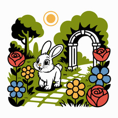 Fototapeta premium White Rabbit Standing on Garden Path with Flowers and Archway