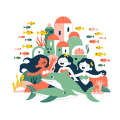 Fototapeta premium Mermaids Playing with Dolphin in Ocean near Colorful Village