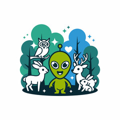Fototapeta premium Green Alien Character with Animals in Forest