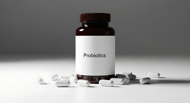 Probiotics capsule bottle and scattered capsules on a plain white surface with a dark background