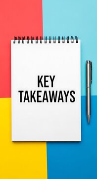 Key Takeaways Notepad with Pen on Vibrant Geometric Background.