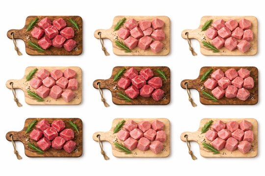 miniature wooden boards each holding fresh uncooked meat chunks alternating beef and veal pieces in a clean repeating arrangement minimal butcher wallpaper concept crisp natural detail